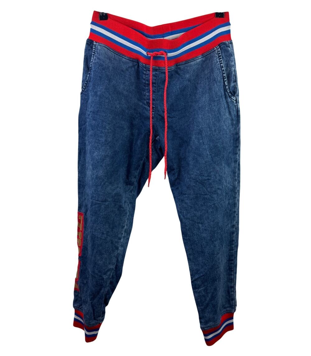 ZUMBA Red Jogger Pants Striped Denim Drawstring High-Rise Pull-On Size Medium M